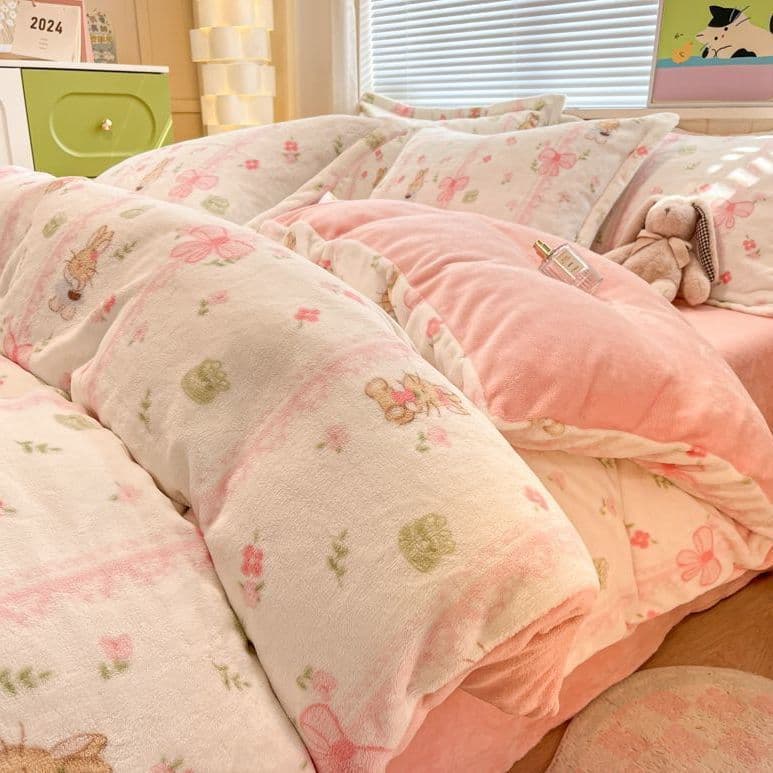 Home textile double-sided fleece milk fleece four-piece fitted sheet bed sheet and duvet cover winter warmth coral fleece lining thick drop shipping