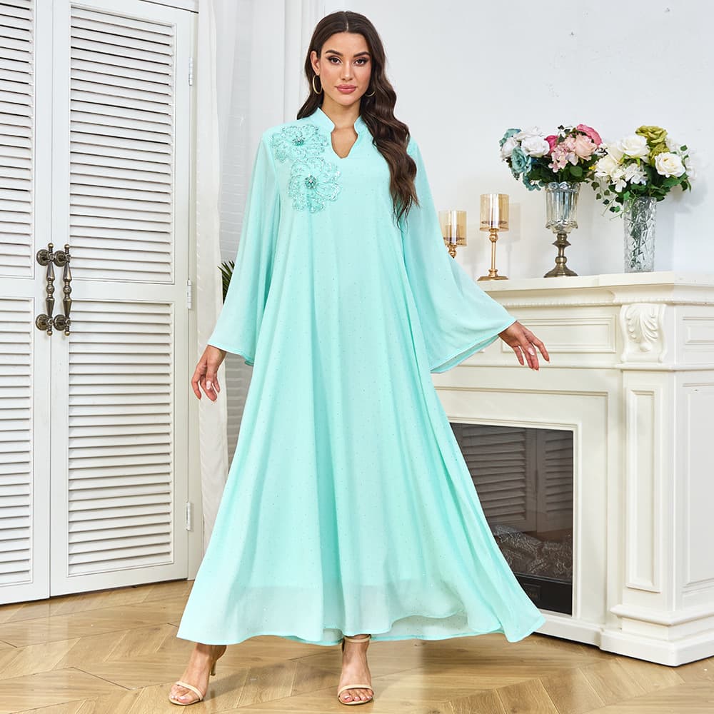 MT479 Ethnic Style Rhinestone Dress Long Sleeve Small V-Neck Beaded Applique Loose Long Dress Banquet Evening Gown Full Skirt