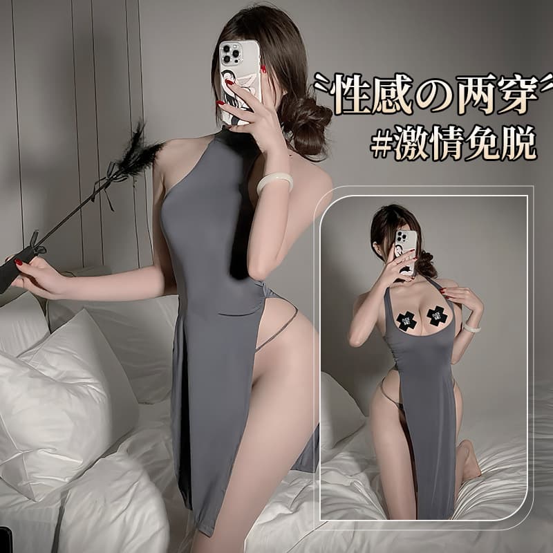 High-end sexy ice silk suspender nightgown with high slit, tight cheongsam style backless, hot and sexy, no need to take off