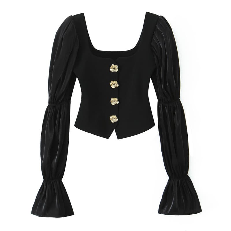 Cross-border European and American Women's Fashion AliExpress Best-Selling Stylish Button Splicing Stretch Top