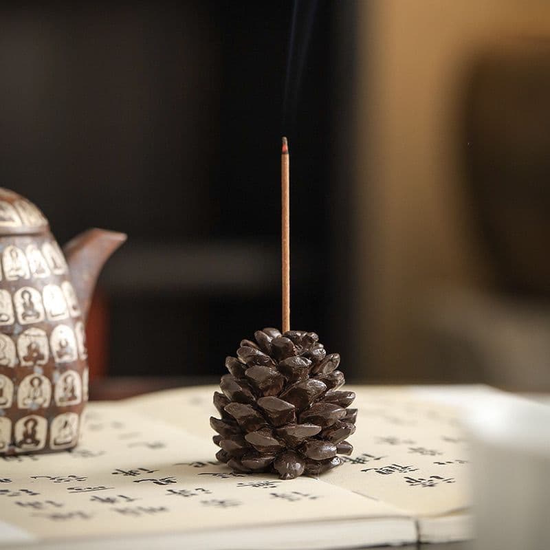 Cute Pinecone Incense Holder for Home, Creative Zen Tea Table Sandalwood Decor and Tray
