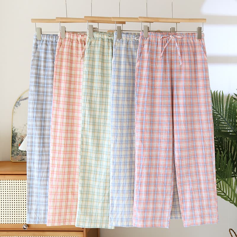 Pure Cotton Plaid Pajama Pants, Washed Cotton Women's Drawstring Cotton All-Season Thin Loose Home Pants, Can Be Worn Outside as Long Pants