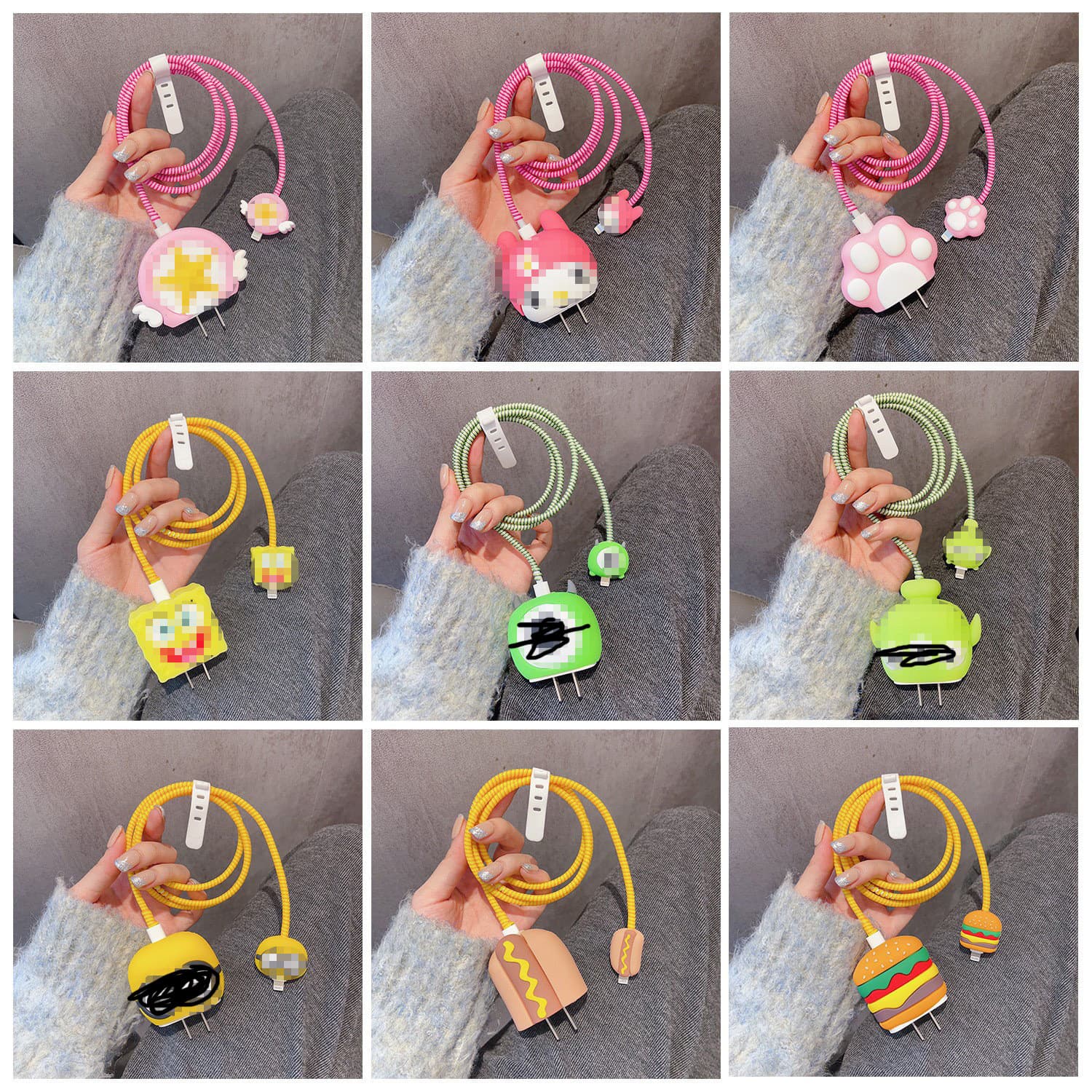 Charger protective case for Apple 18/20W creative cartoon data cable protective case and cable winder four-piece set