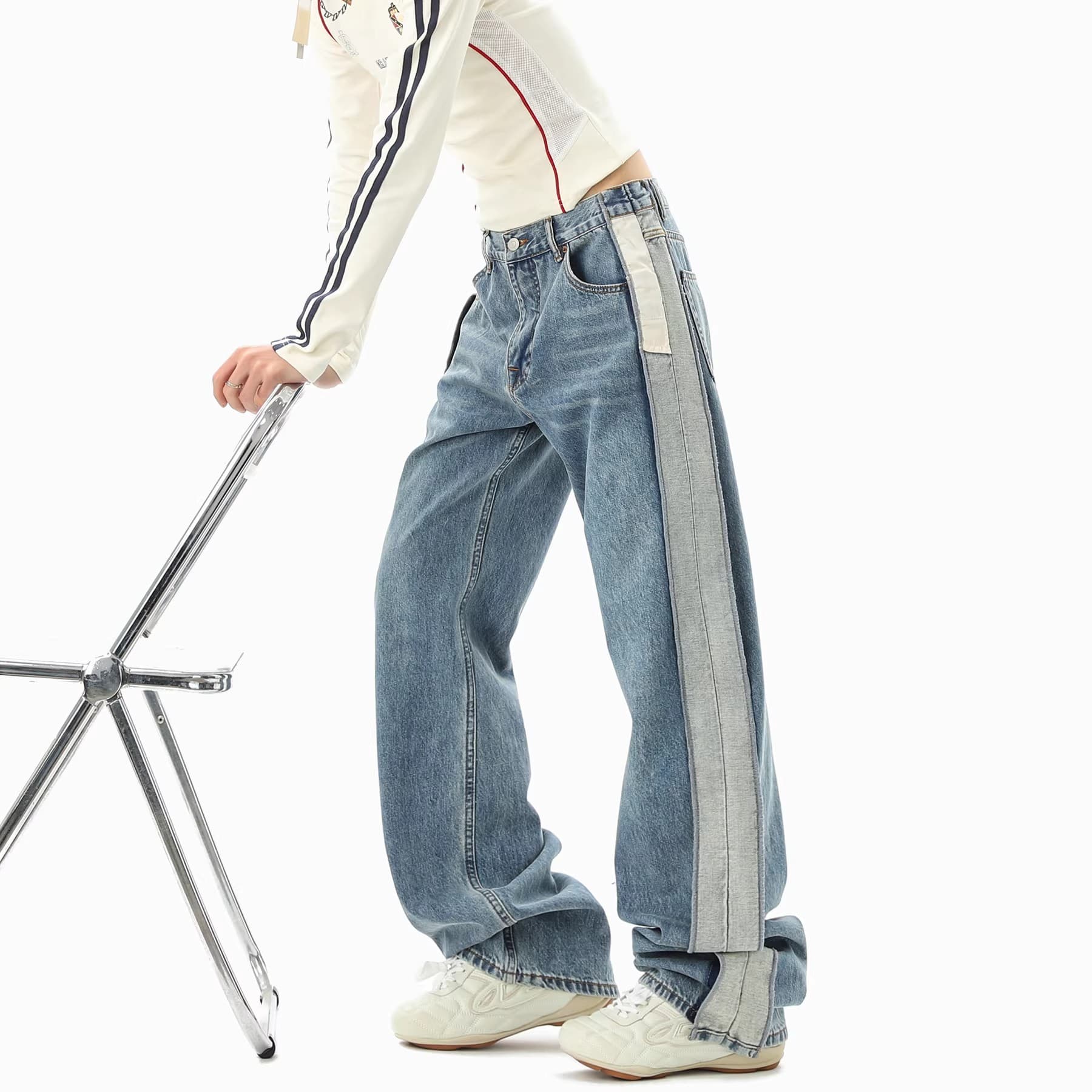 American retro splicing jeans for women and men in spring washed white narrow straight pants loose slimming casual trousers