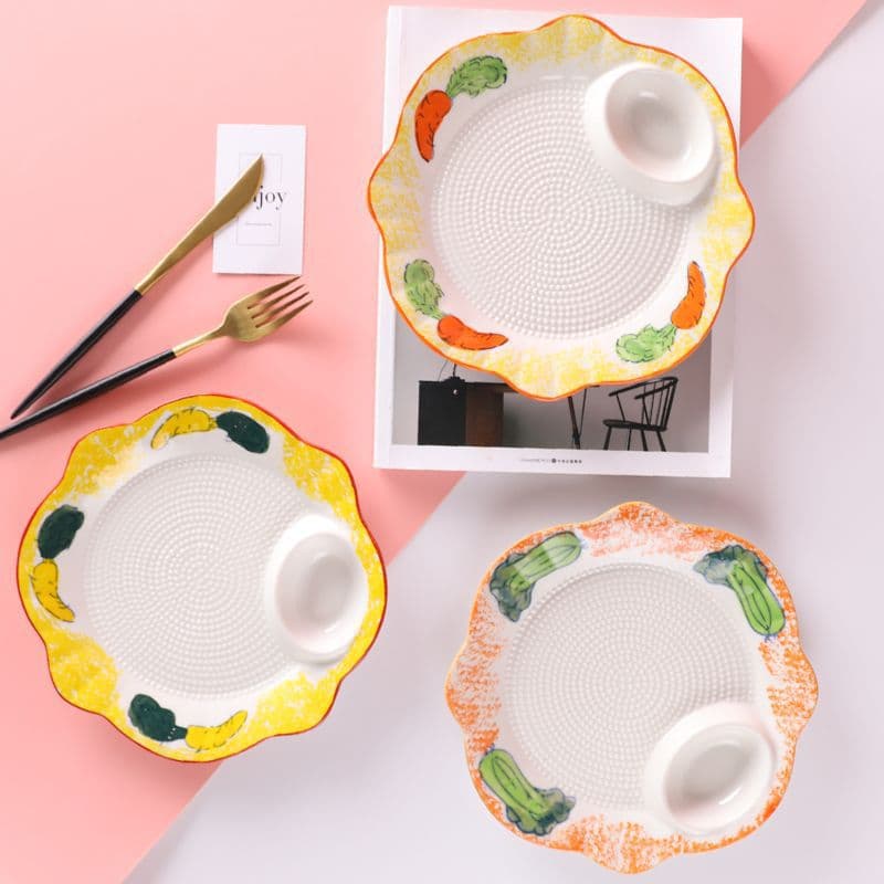 Hand-painted Fruit Dumpling Plate, Home Ceramic Steamer Dumpling Plate with Vinegar Dish, Plate for Sushi, Fries, Creative Dumplings