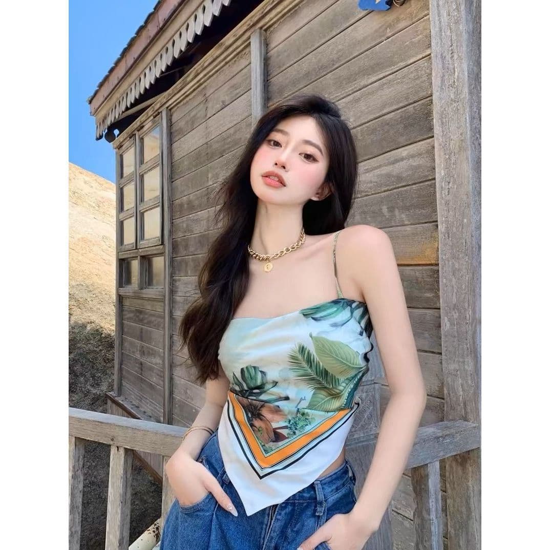 Beach Vacation Print Tube Top Strapless Women's Summer Going-Out Sexy Backless Thai-Style Jazz Top