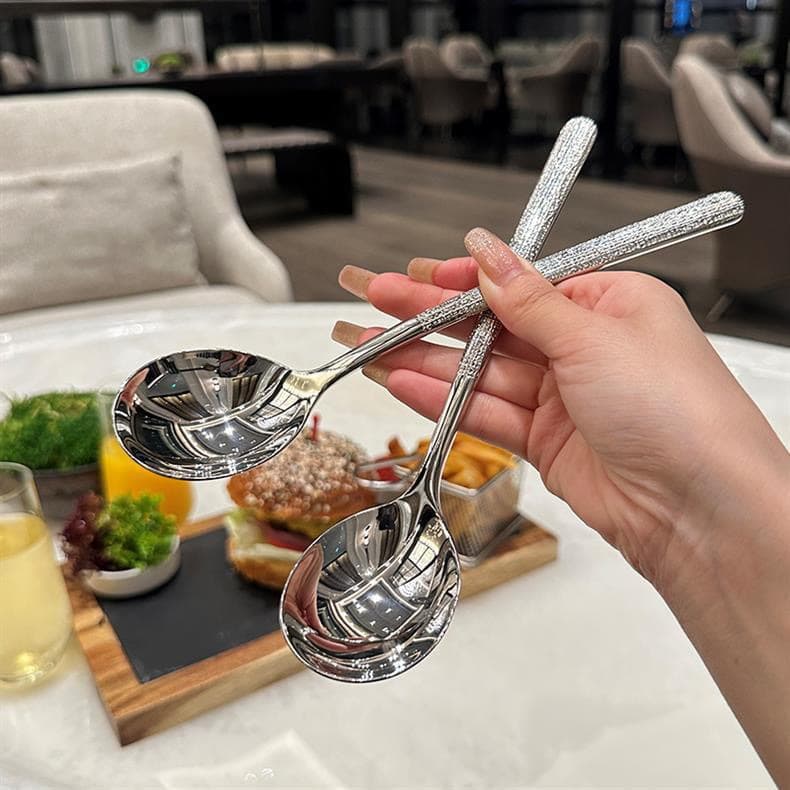 Stainless steel spoon Korean hammered round spoon Western food restaurant long handle rice spoon household spoon dessert spoon spoon