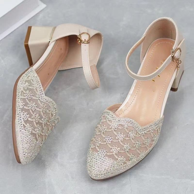 Women's Sandals Summer New Style Closed-Toe Mid-Heel Rhinestone Mesh Shoes Hollow Out Flats for Middle-Aged Ladies Mother Shoes