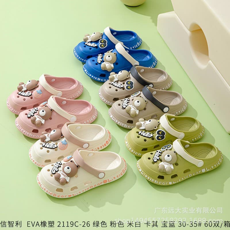 Children's EVA Croc Cartoon Bear Slippers Boys Girls Summer Breathable Anti-Slip Sandals Pink Green Cream White