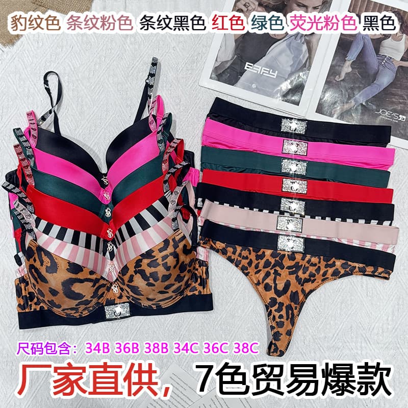 Lingerie Leopard Print Sexy Lingerie Set Push-Up Striped Pink Thong Bra Set In Stock 6010