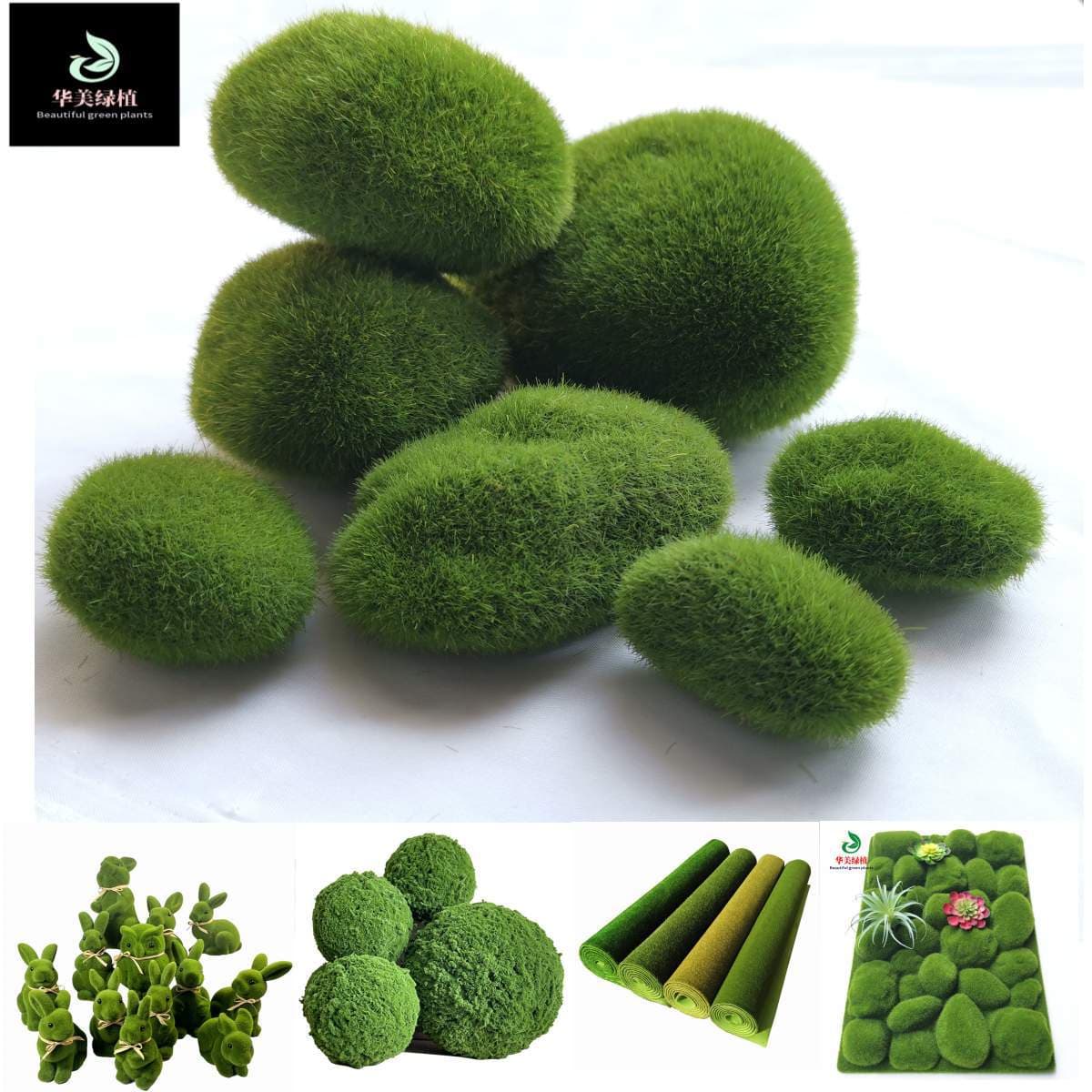 Simulated moss stones, moss rabbits, flocked stones, foam boards, steel wire grass balls, EVA turf decorative accessories