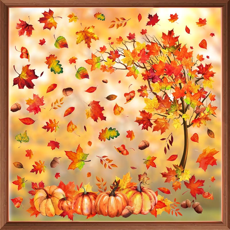 Cross-Border Autumn Maple Leaf Static Cling Thanksgiving Pumpkin Window Sticker PVC Decal for Kitchen Living Room Glass Window Decoration