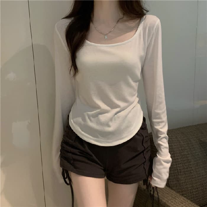 Long Sleeve Crew Neck T-Shirt Women's Slim Fit Casual Top Irregular Design Spring Autumn New Style Polyester Fiber