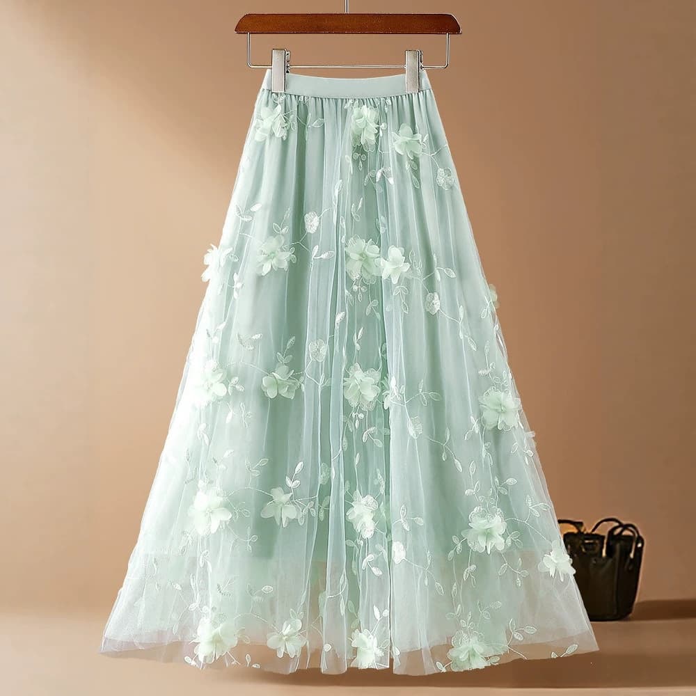 Rose Decorative Layered Mesh Skirt Women's Summer New High-Waist Hip-Covering Mid-Length A-Line Tulle Skirt
