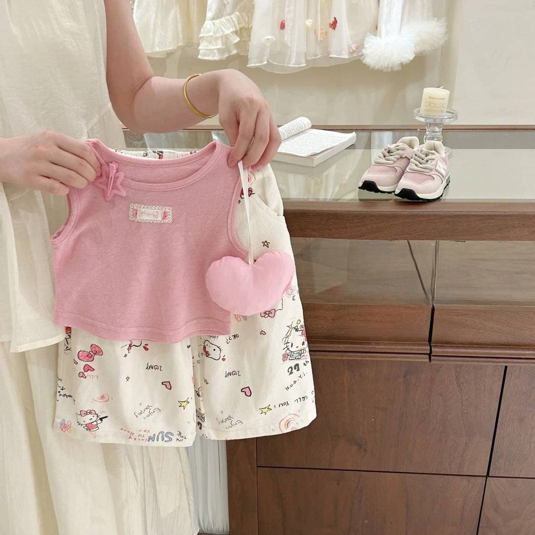 Yiyouwei Sweet Kitty! Girls Summer Vest with Hello Kitty Graffiti Shorts Set for Toddlers, Cross-Border