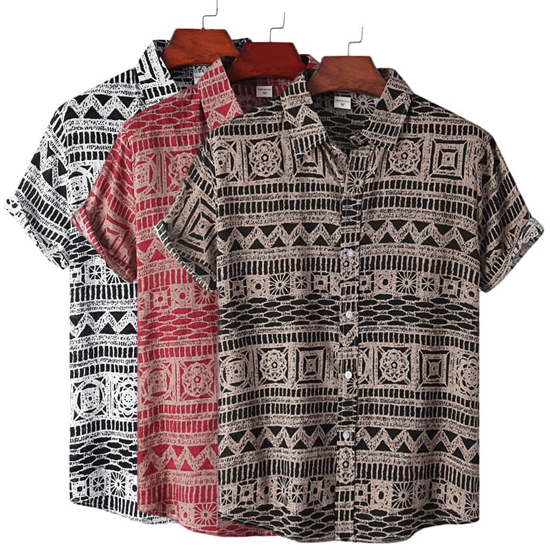 Men's Plus Size Loose Summer Short Sleeve Shirt Vintage Geometric Pattern