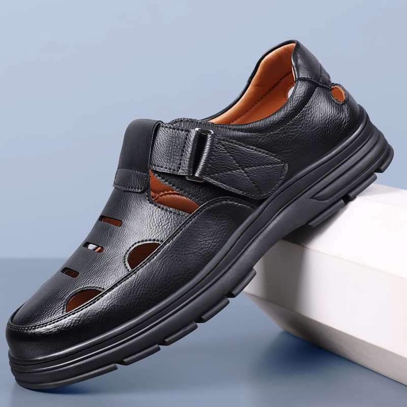 Velcro Men's Casual Hollow Hole Shoes Sandals Business Summer Toe Cover Slip-On Men's Hollow Leather Sandals