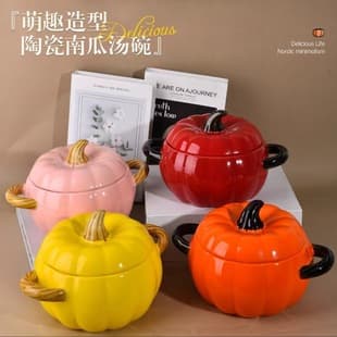 Ceramic Pumpkin Lidded Double-Handle Large Soup Bowl, Home Creative Soup Basin, Anti-Scald Instant Noodle Bowl, Snail Noodle Bowl