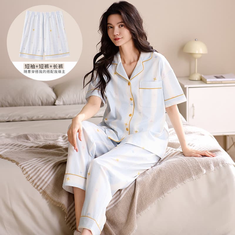 100% Cotton Pajamas for Women Summer Short Sleeve 3-Piece Set Lightweight Sweet Loungewear Open-Front Homewear Set