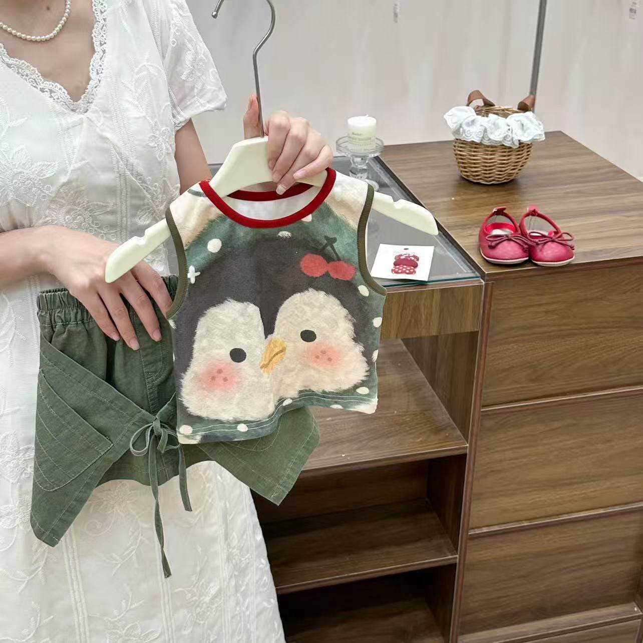 Girls' Summer Outfit Set Penguin Cartoon Tank Top and Skirt Pants Two-Piece Set Korean Style Cotton Baby Stylish Casual Trendy