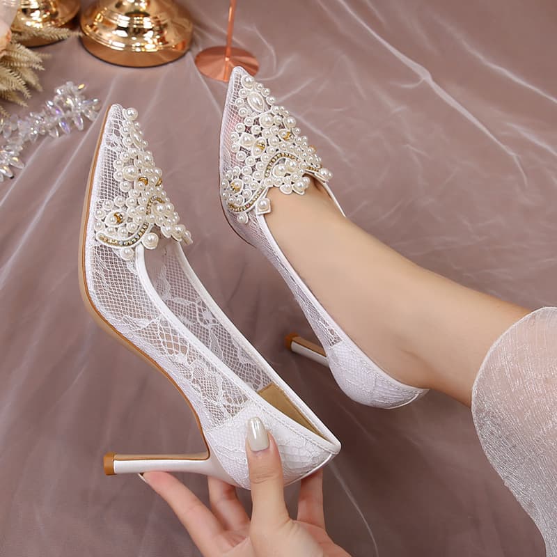 Summer High Heels Women's Lace Hollow out Pearl Decorated Pointed Toe Single Shoes Silk Satin Upgraded Version Casual Style