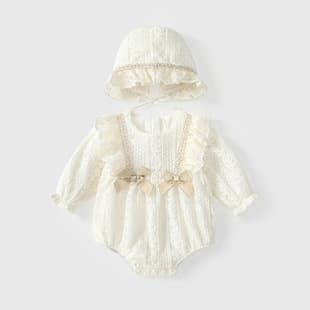 Baby Girl Spring and Autumn Bodysuit with Lace, Class A Premium Princess Romper for 100-Day Celebration and First Birthday