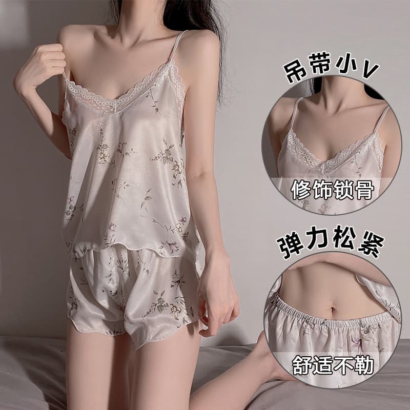 Plus Size Women's Summer Pajamas Set Ice Silk Camisole and Shorts Two-Piece Thin Style Youth Dorm Student Loungewear