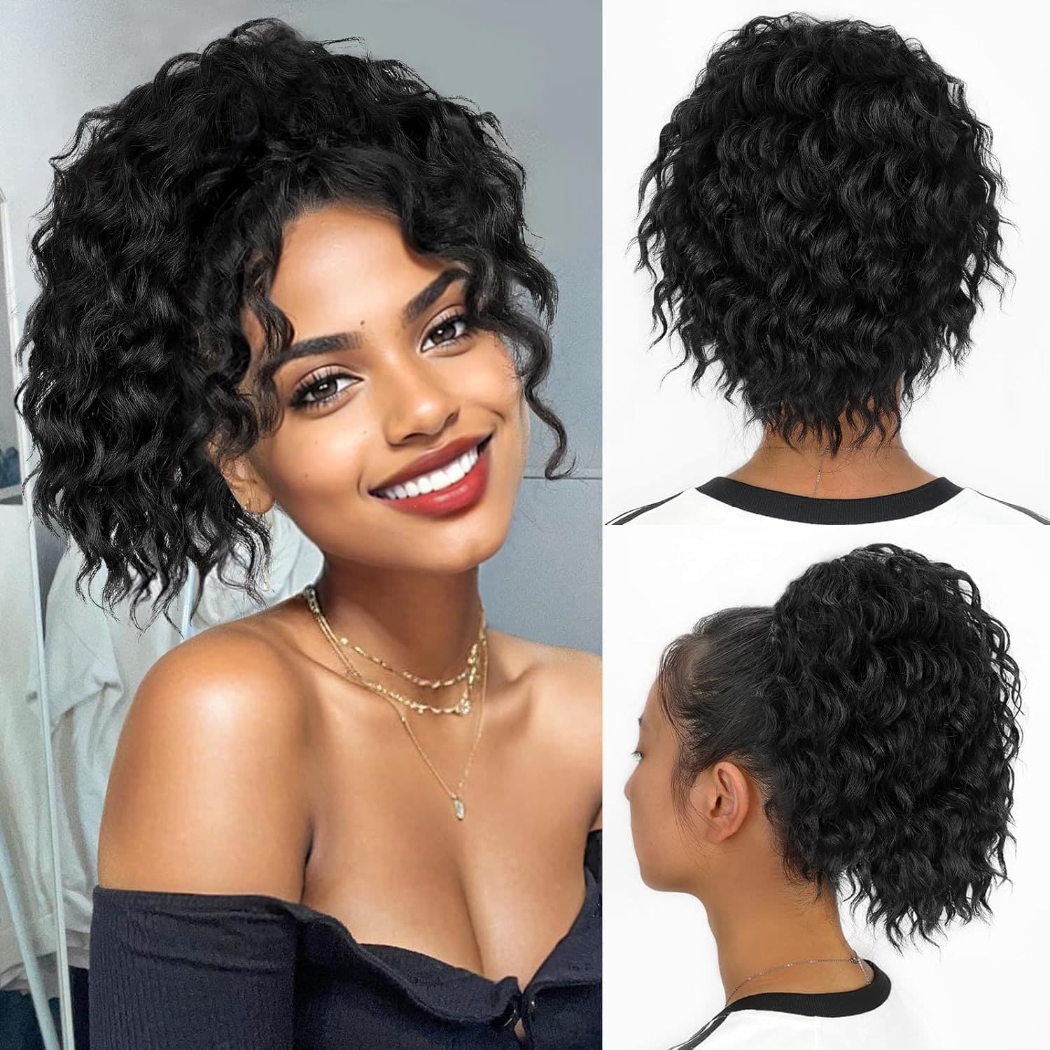 European and American Small Curly Tail Drawstring Net Pocket Ladies Hair Bun Fake Hair Ponytail for Women Hair Extensions