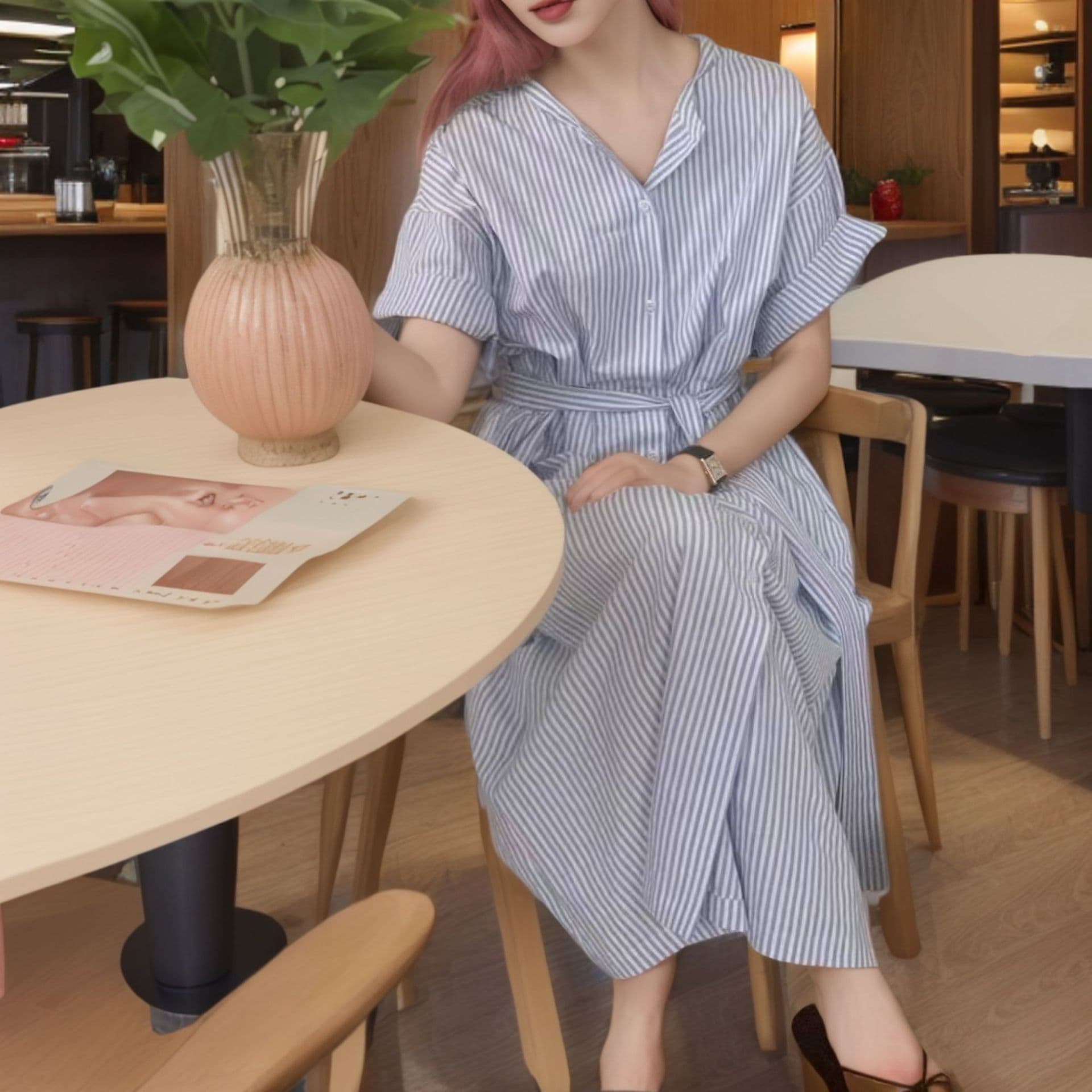 Elegant Single-Button Design Shirt Dress with Belt Loose Long Striped Skirt for Women Stylish Cross-Border Ankle-Length Gown