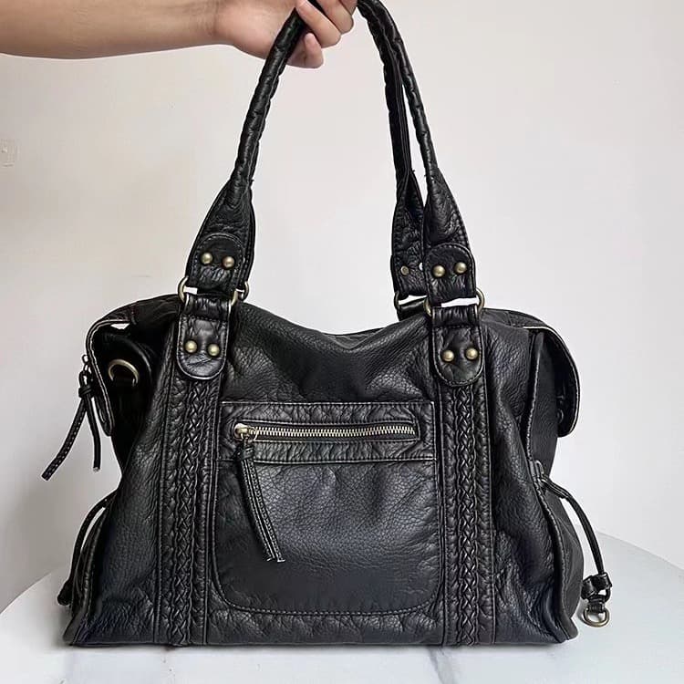 French Vintage Motorcycle Bag Shoulder Crossbody Tote Bag Large Capacity Women's Bag Water Wash Bag Soft Polyester Lining