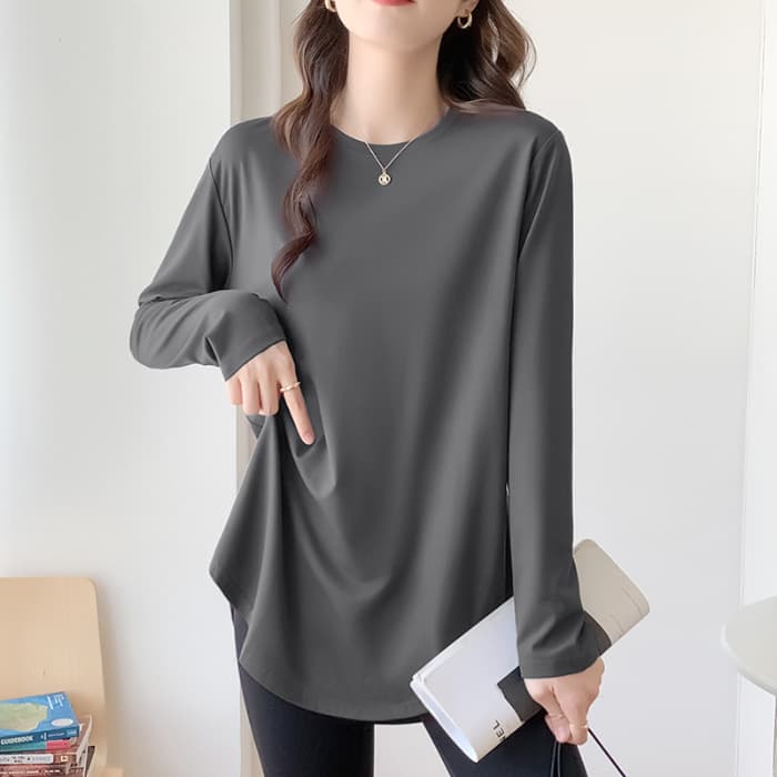 Mid-Length Curved Hem Long Sleeve T-Shirt for Women 2024 Spring Autumn New Slim Fit Versatile Casual Top Inner Layering Base