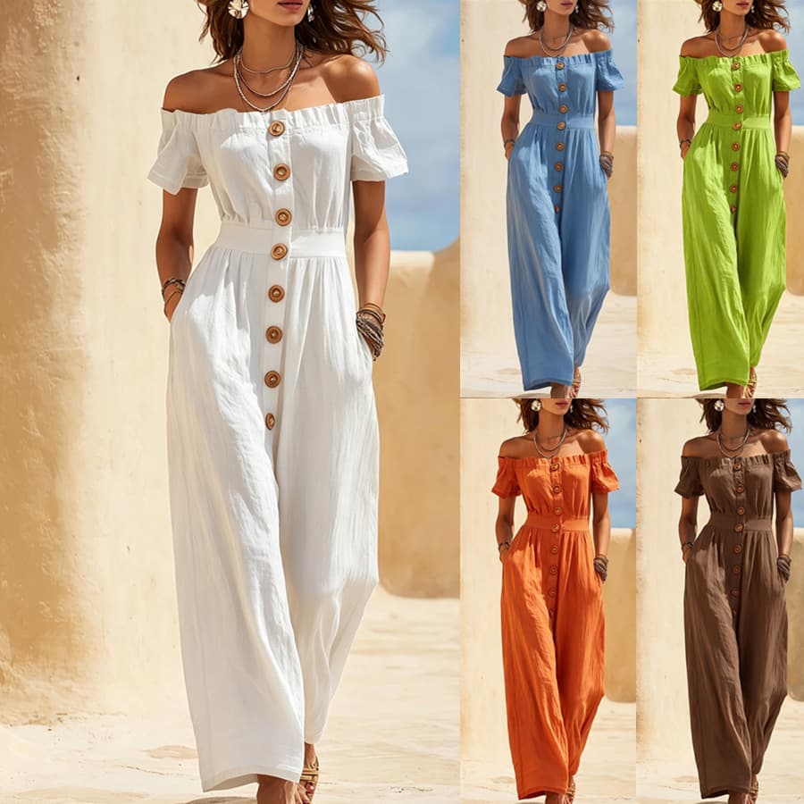 2026 European and American Women's Vacation Style Off-Shoulder Solid Color Button Ruffle Short Sleeve Waist-Tied Wide-Leg Jumpsuit