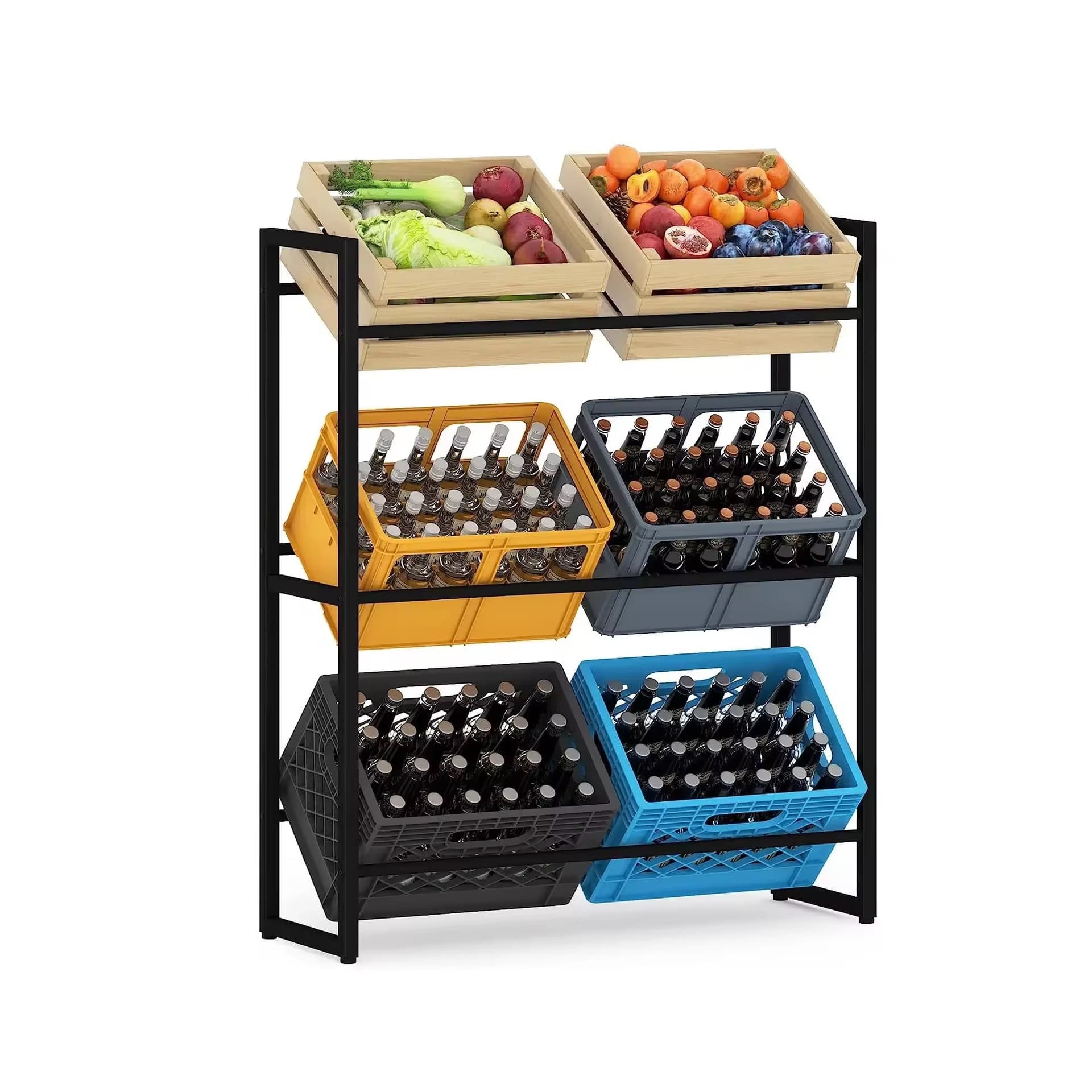 Wholesale modern shopping mall black metal grocery racks supermarket beverage crates removable beverage bottles beer wine