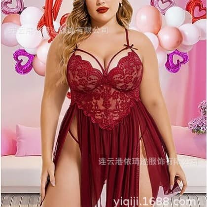 European and American Sexy Lingerie Women's Lace Mesh Patchwork Camisole Split Nightgown Plus Size Long Dress