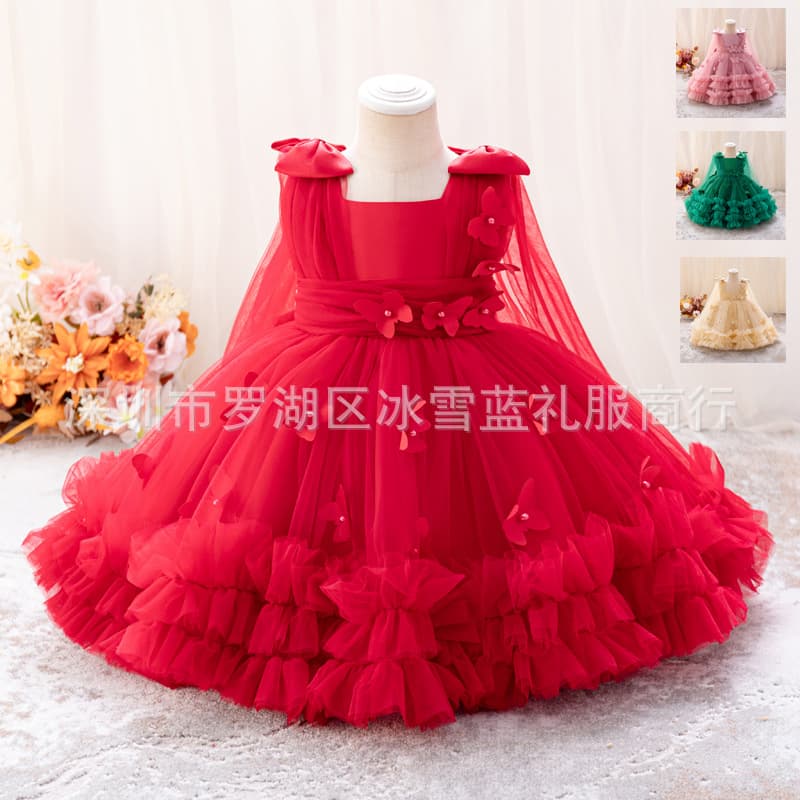 Factory Wholesale Flower Girl Tutu Dress with Butterfly Beads, Girls Performance Dress, Children's Party Banquet Gown