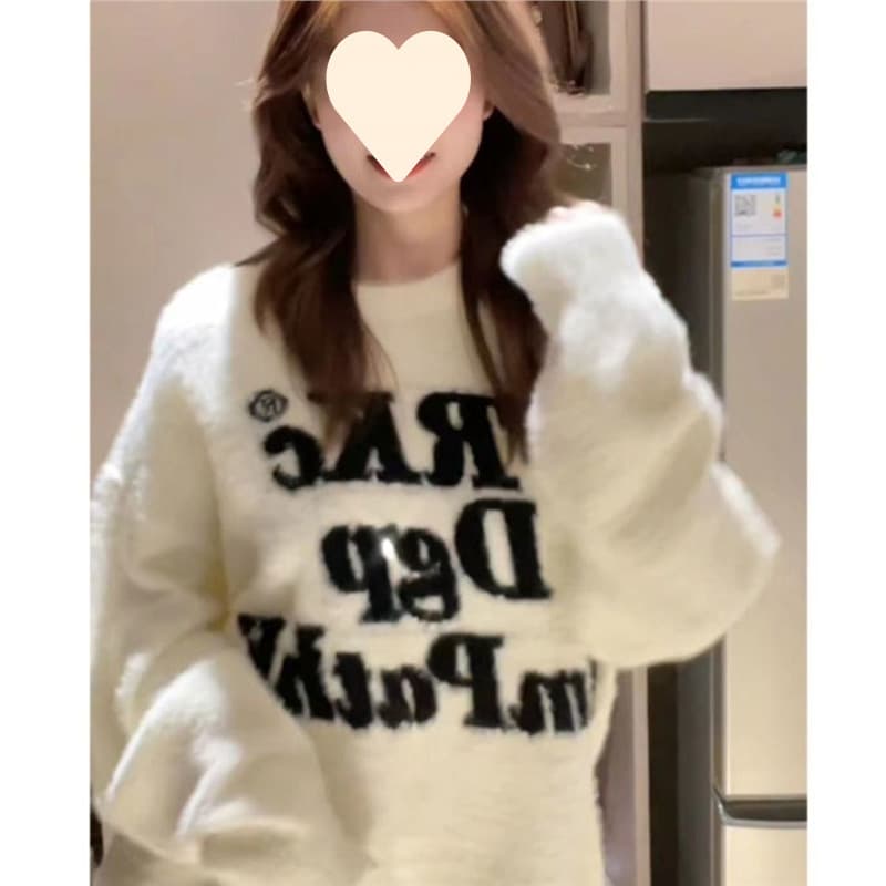 White Soft and Fluffy Thick Knit Sweater, Loose Autumn/Winter High-End Faux Mink Petite Top, Lazy Base Shirt