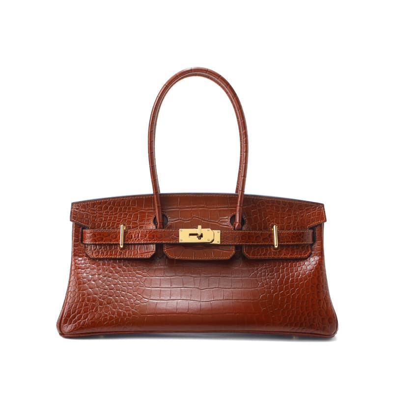 First-layer cowhide platinum bag crocodile pattern horizontal style H family niche genuine leather handbag Yan large capacity armpit shoulder bag
