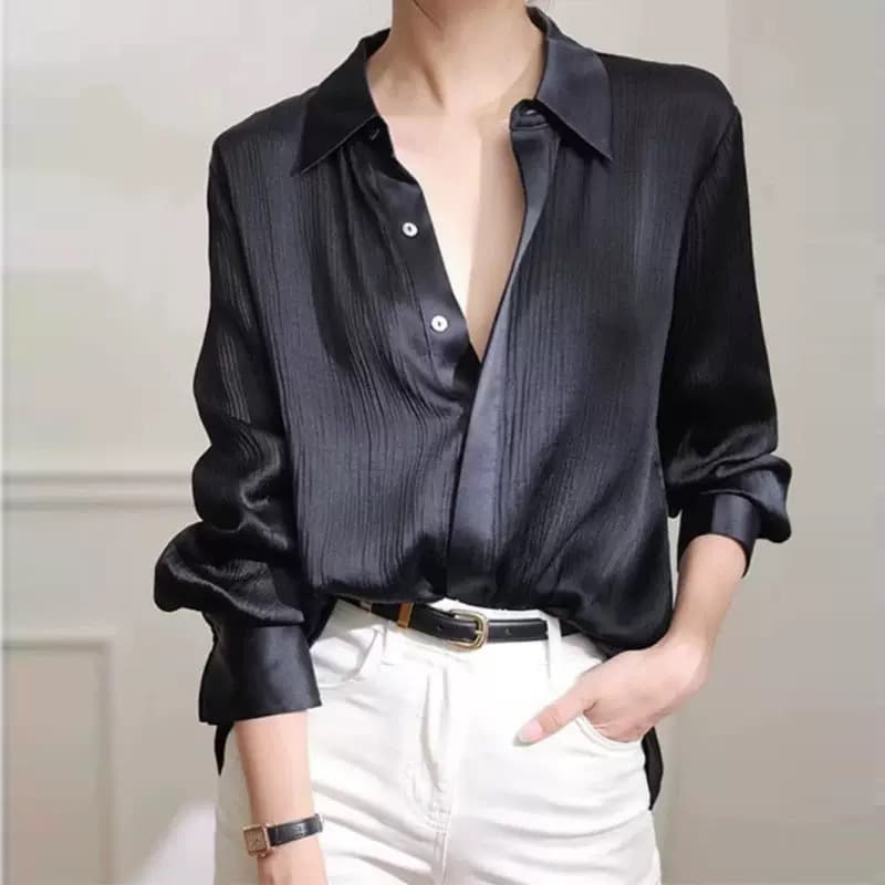 [Ready Stock] Large Size Summer Texture Imitation Acetic Acid High-Quality pleated Shirt Fat mm French Satin Shirt for Women