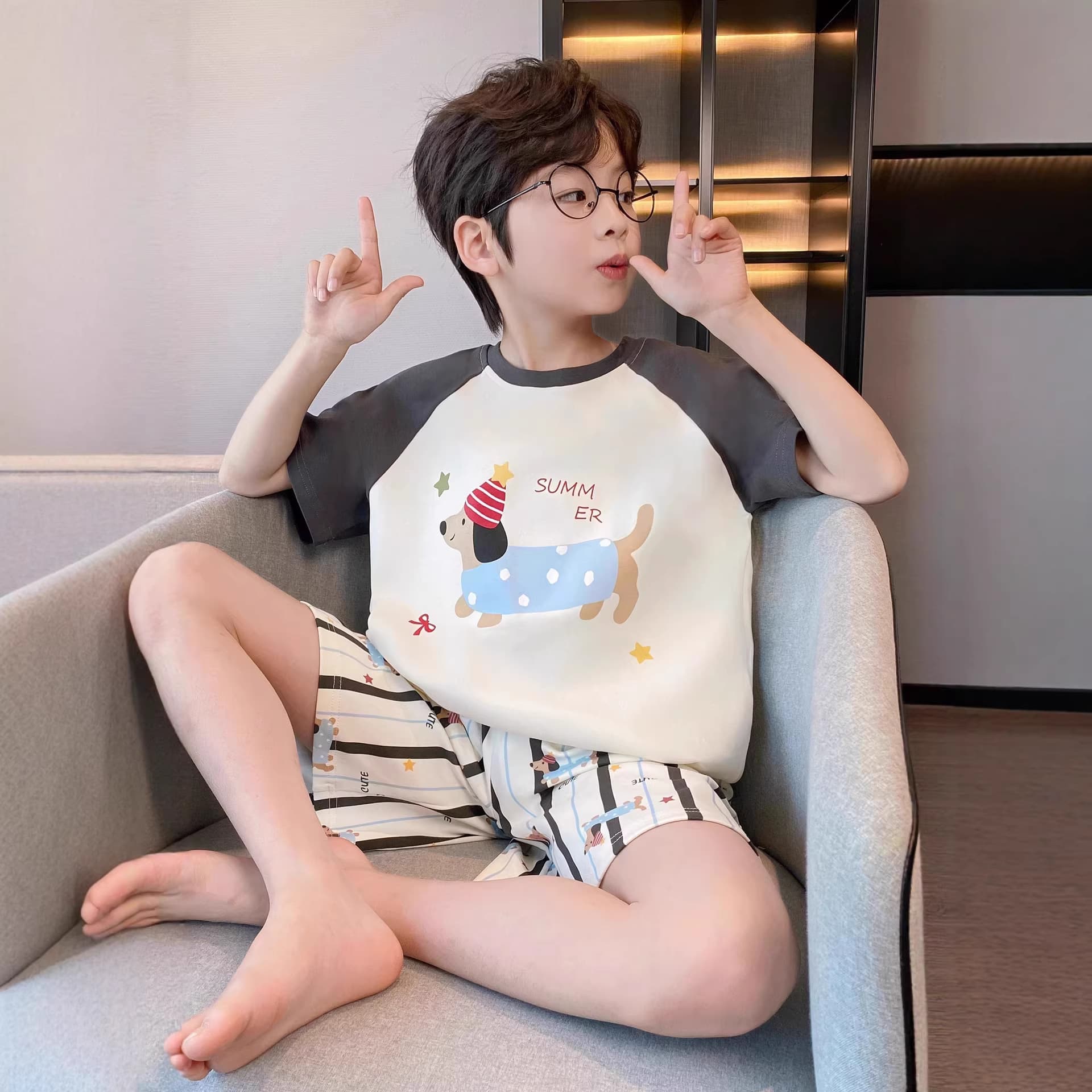 2026 Summer New Boys Short Sleeve Pajamas Children's Cotton Thin Boy Student Homewear Wear-Out Set