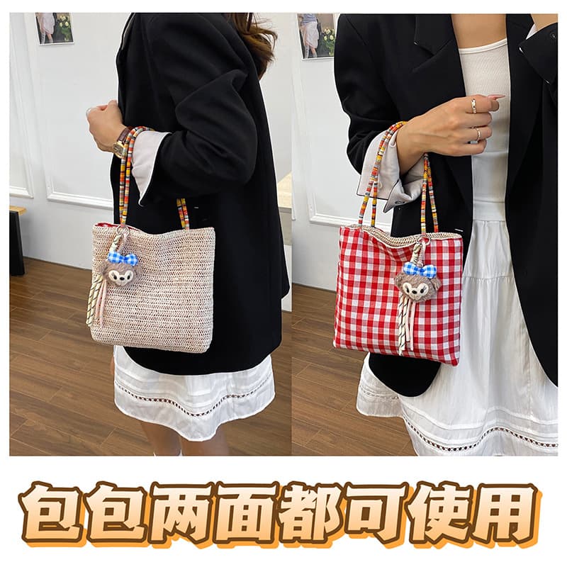 Double-Sided Handbag Women Checkered Bag Simple Versatile Small Square Bag Korean Fashion Straw Bag Simple Beach Bag for Women