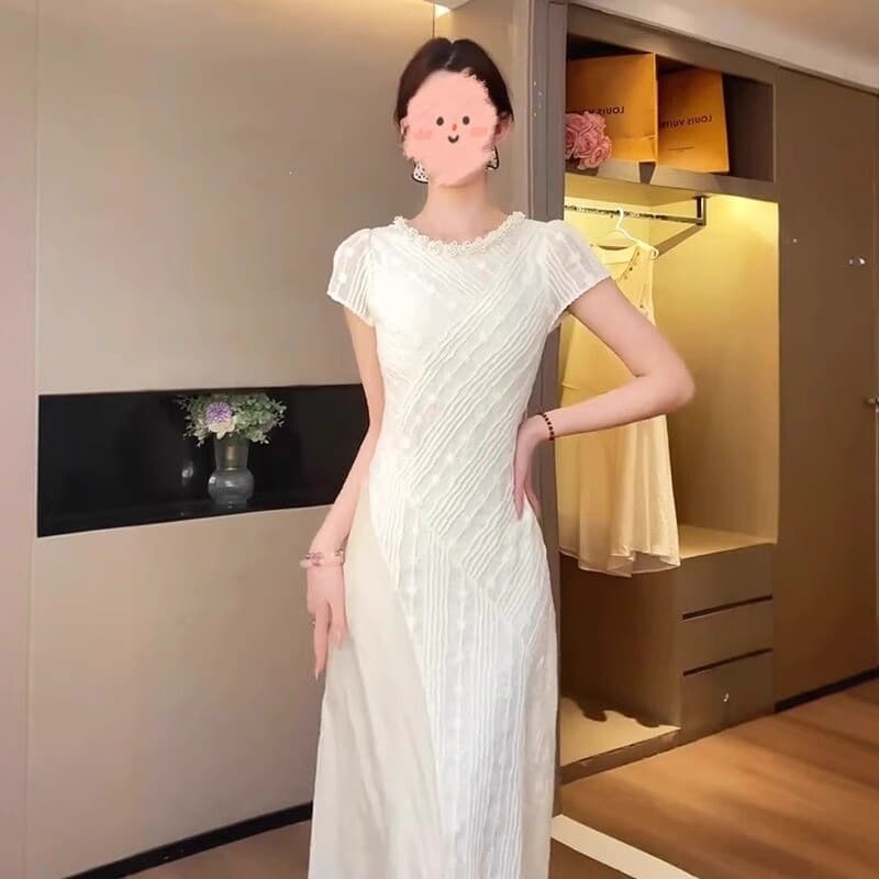 French high-end lace splicing white dress for women in summer, small temperament, waist slimming and beautiful long dress