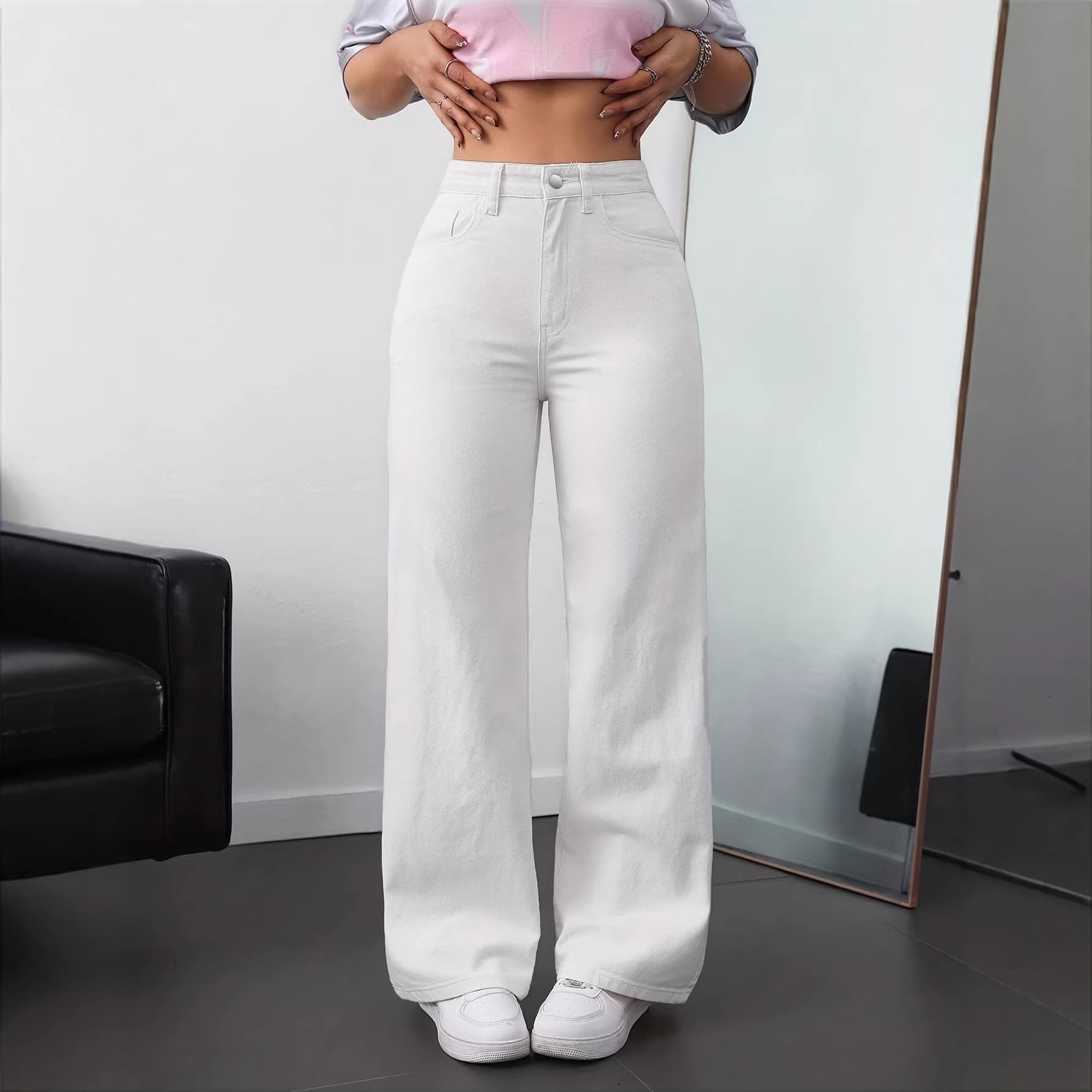 2026 cross-border European and American jeans women's white wide-leg pants hot style high-waisted loose straight-leg slim wide-leg trousers