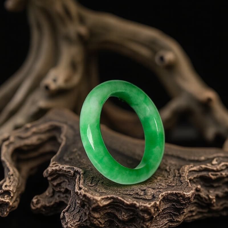 Jade Full Green Floral Cyan Dry Green Ring for Men and Women, Imperial Green Iron Dragon Jade Floral Pattern Ring for Couples
