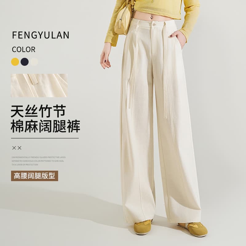 Feng and Lan Tencel Lyocell Cotton Linen Wide-Leg Pants for Women, Summer Thin Breathable Tie-Waist Casual Long Pants M20