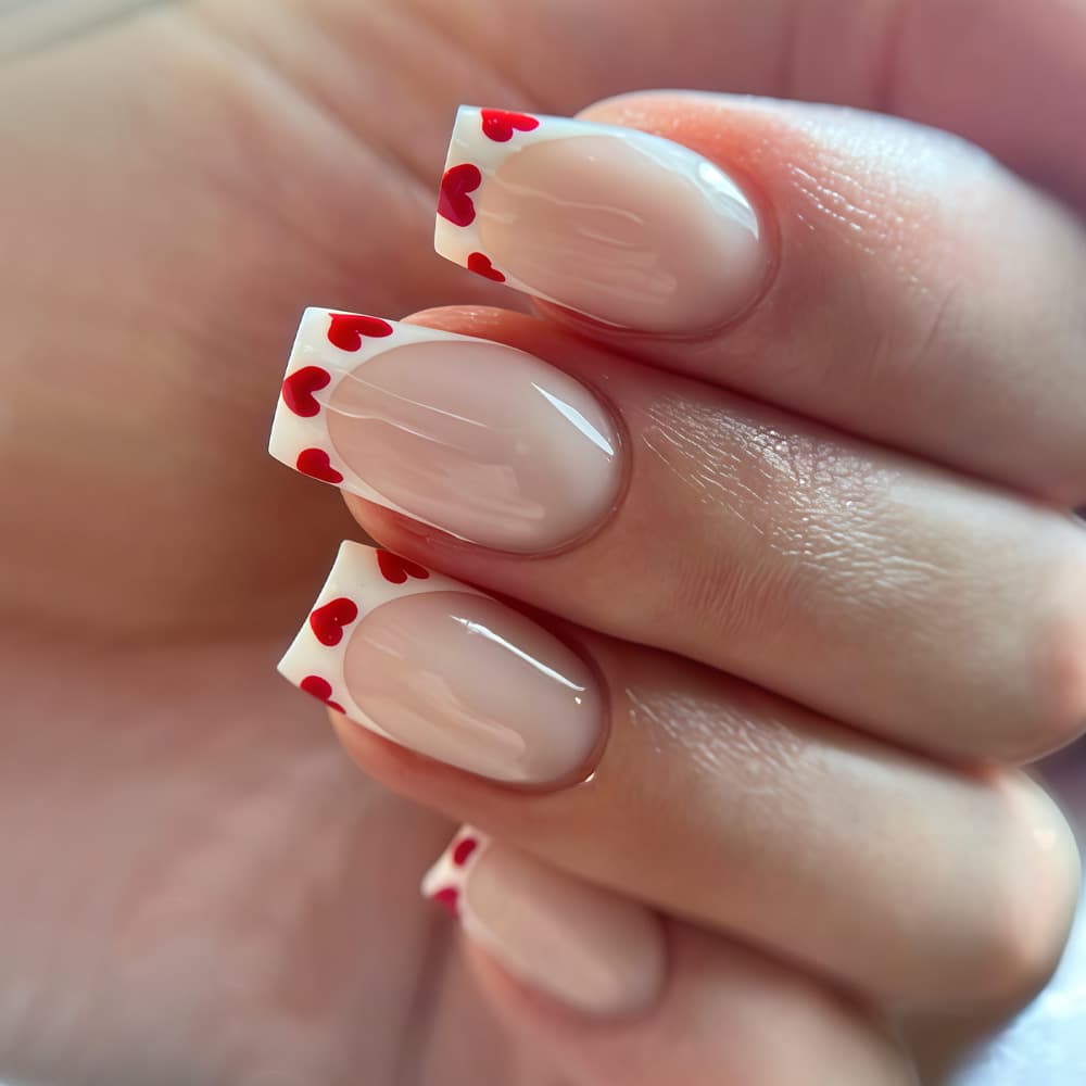 Medium Nude Press-On Nails with Red Heart French Tip Design, Glossy Press-On Manicure, Fashion Classic Wearable Nails