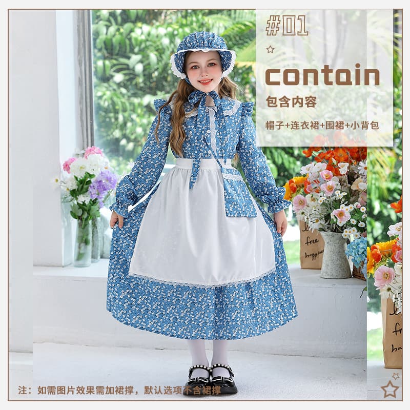 Colonial Girl Kids Costume Prairie Pioneer Children's Clothing European Manor Pastoral Maid Dress
