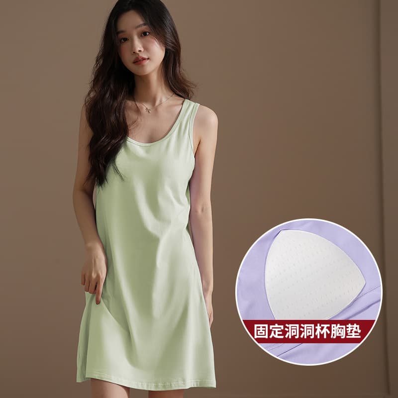 Women's Summer Sleep Dress with Padded Vest, Thin Sleeveless Homewear, Solid Color Midi Dress Plus Size
