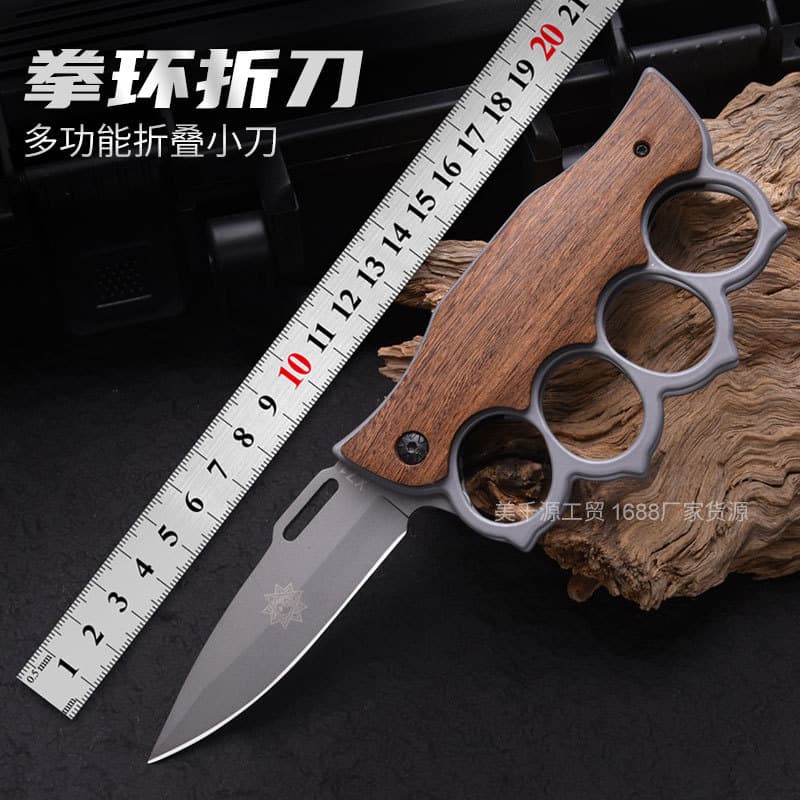 Outdoor Folding Knife with Wooden Handle, Knuckle Duster Style, Stainless Steel, Portable Multi-Function Self-Defense Knife, Compact Field Knife
