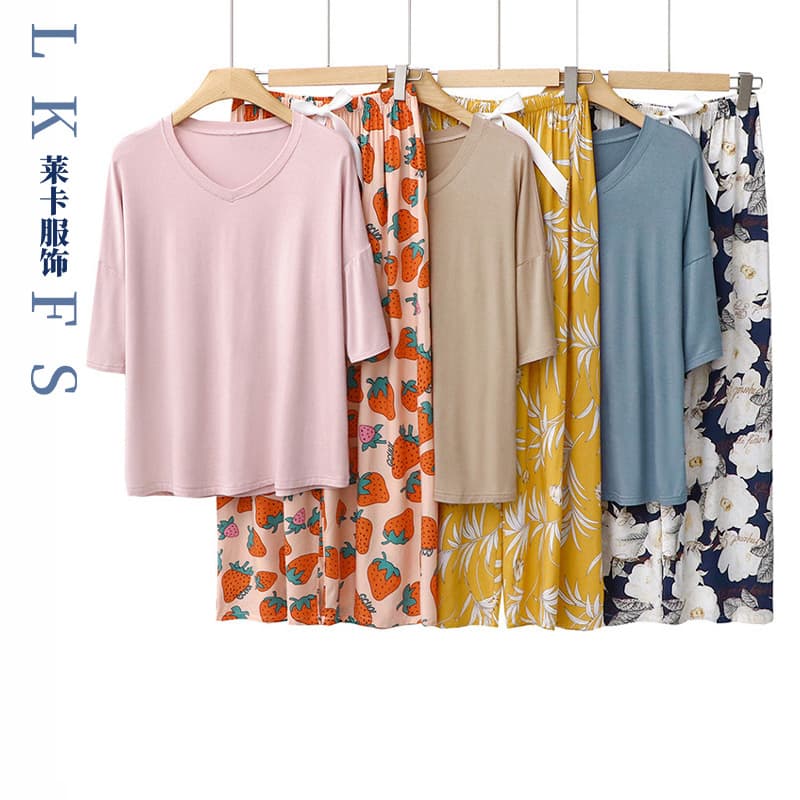 Women's Sleepwear Modal V-Neck T-Shirt and Cotton Pants Loungewear Set for Amazon Cross-Border