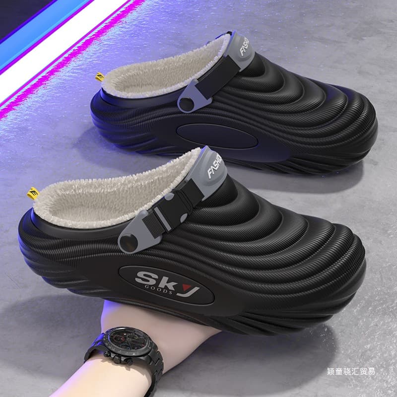 Men's Warm Cotton Slippers Waterproof and Stain-Resistant Autumn and Winter Fleece-Lined Thickened Cloud-Like Clog Shoes for Home and Outdoor Wear Non-Slip